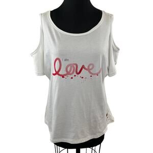 Peace Love World White Cotton Cold Shoulder T-Shirt I Am Love Quote Tee Shirt XS